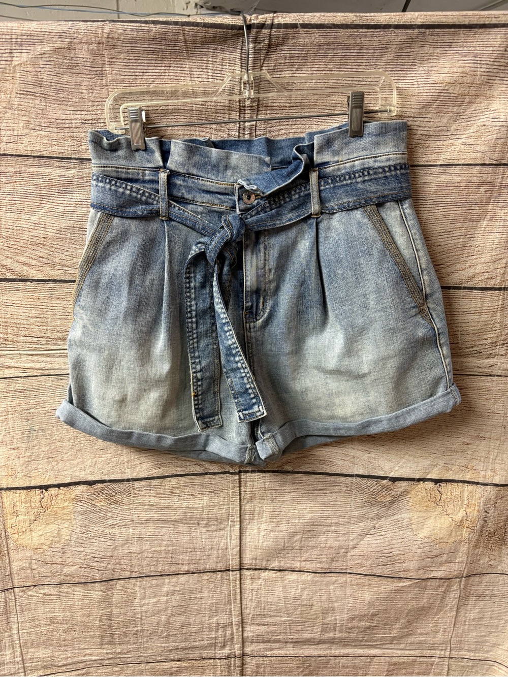 😍Chelsea & Violet Light Blue High-Waist Paperbag Denim Shorts with Tie